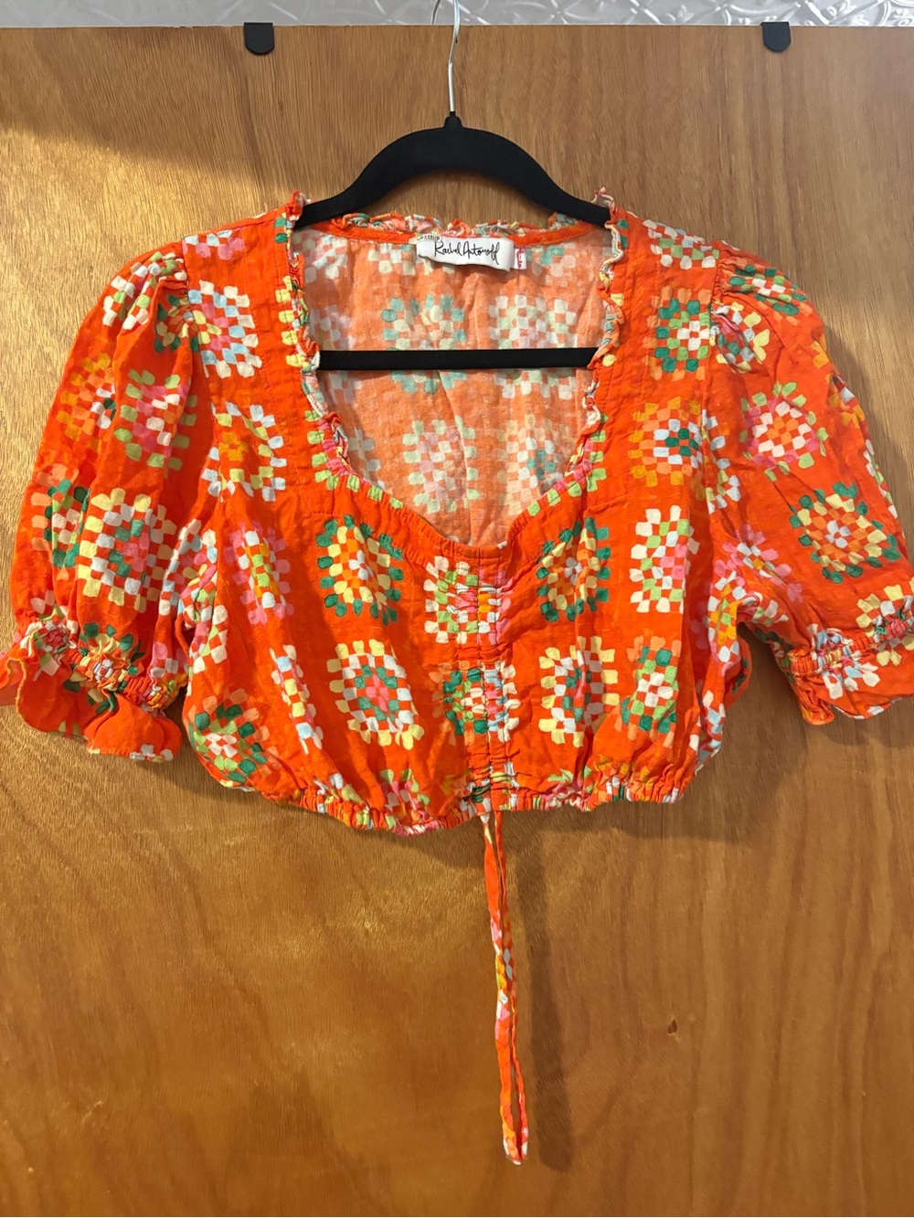 Rachel Antonoff Orange Multicolor Puff Sleeve Drawstring Crop Top